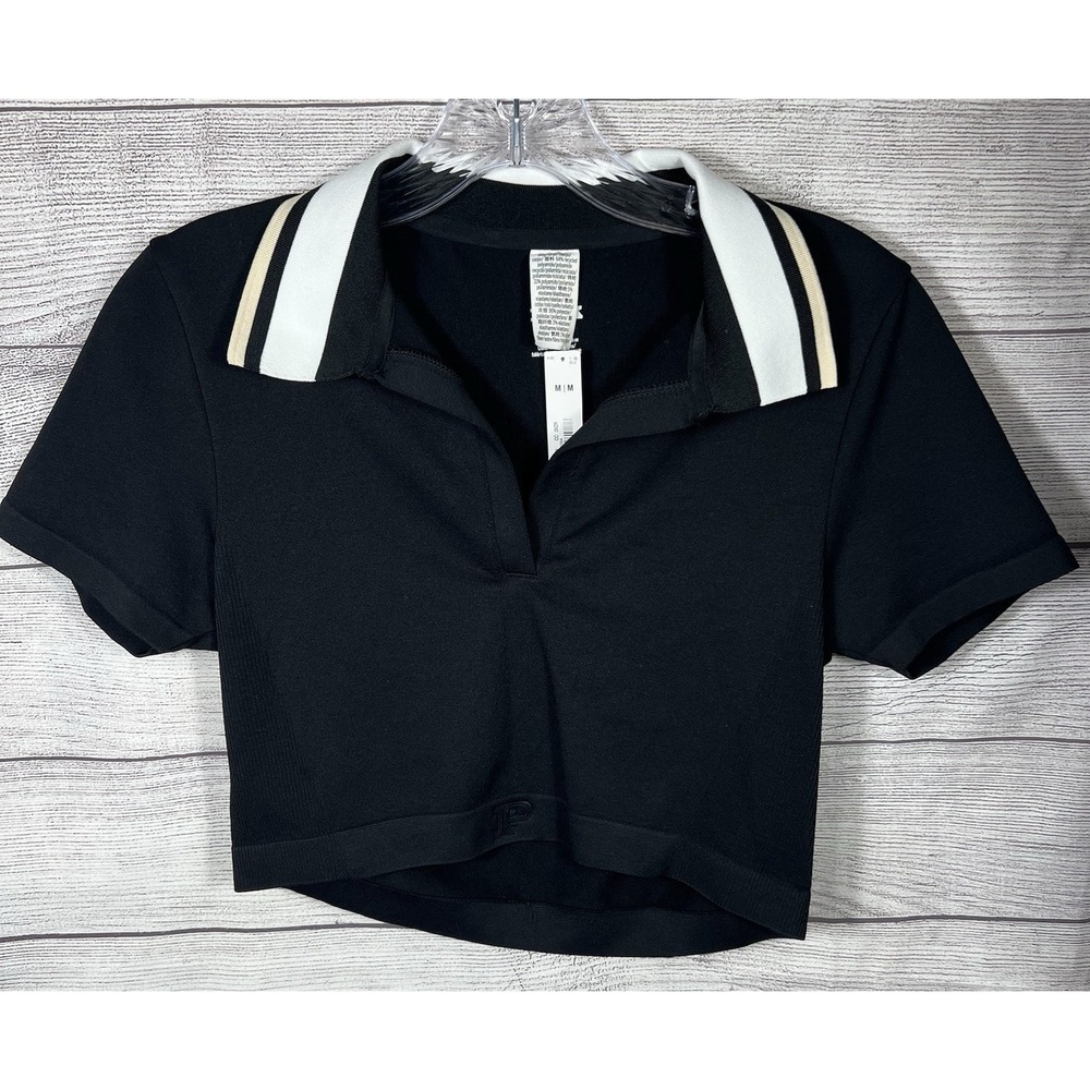 VS PINK NWT Crop‎ Polo Shirt Soft Seamless Black Women M Preppy Tennis 90s Retro